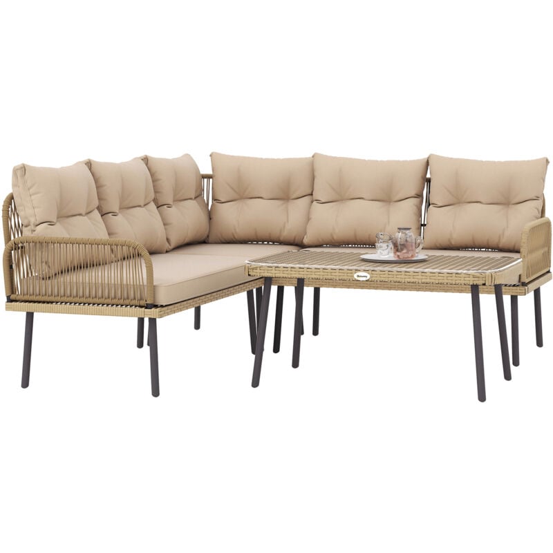 Outsunny - Ensemble salon de jardin d'angle 5 places avec table basse et coussins beige résine tressée effet rotin