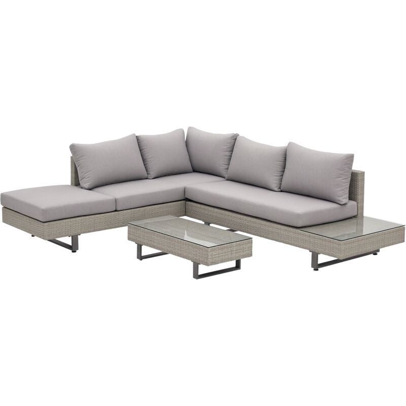 Ensemble salon de jardin d'angle 5 places design contemporain coussins déhoussables table basse acier époxy résine tressée grise