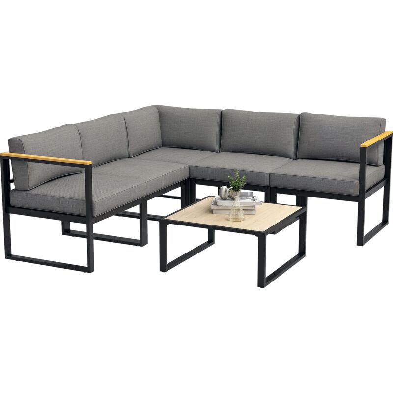 Ensemble salon de jardin d'angle 5 places design contemporain table basse coussins alu