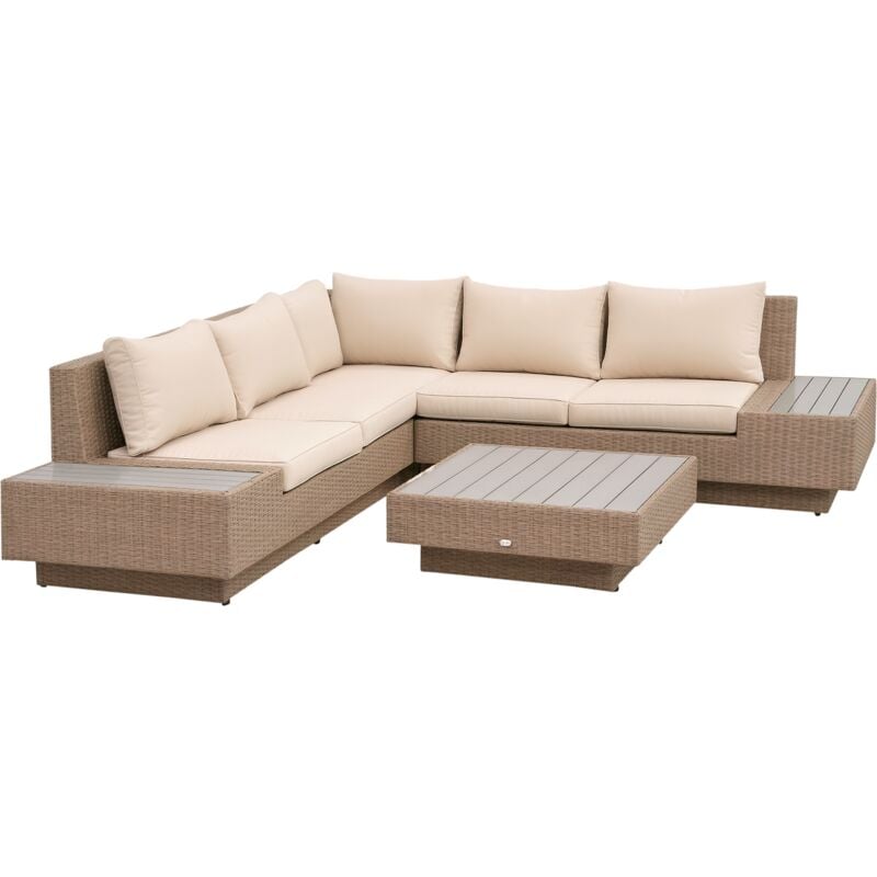 Ensemble salon de jardin d'angle 5 places style bohème chic résine aspect rotin effet bois beige