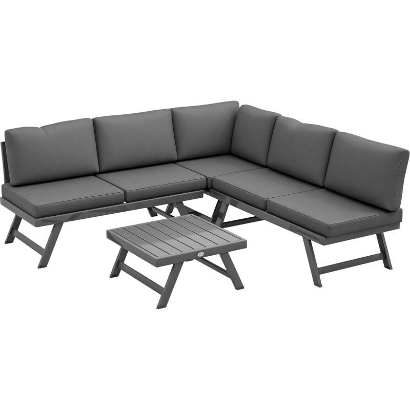 Ensemble salon de jardin d'angle 5 places style contemporain avec table basse coussins acier alu gris