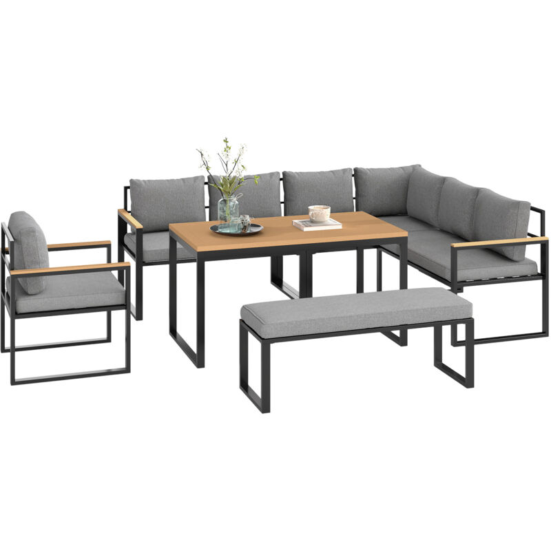 Ensemble salon de jardin d'angle 9 personnes 6 pièces coussins inclus acier effet bois naturel