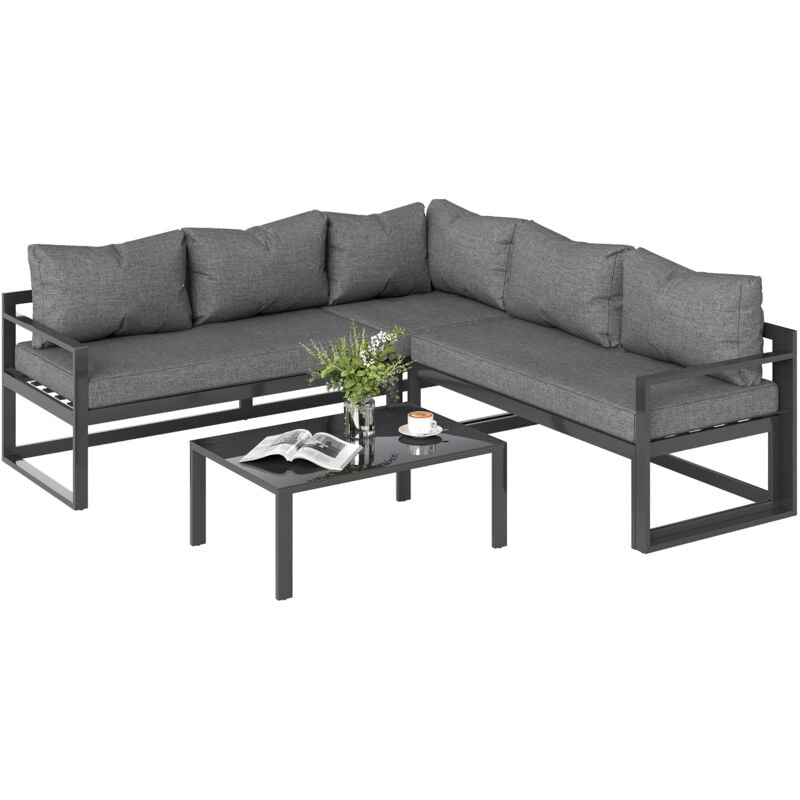 Ensemble salon de jardin d'angle design contemporain style yachting 5 places coussins table basse inclus banquette 3 places réglable alu. gris