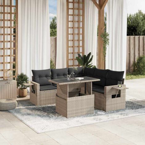Ensemble Salon de Jardin en Résine Tressée - 6 Places Gris Clair, Table Réglable Hauteur avec Verre Trempé et Coussins Anthracite, Modulable, Facile à Nettoyer, Résistant aux UV, Charge 110kg/Place