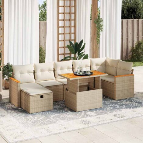 Ensemble Salon de Jardin en Résine Tressée Beige 5 Pièces avec Table Réglable et Coussins, 1 Siège d'Angle, 2 Canapés, 1 Pouf, Housses Lavables, Stockage Intégré