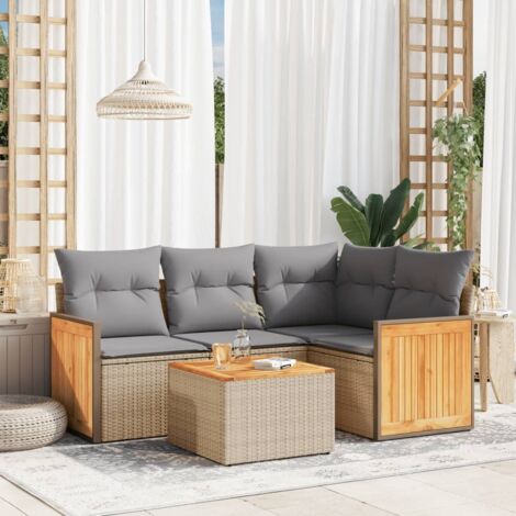 Ensemble salon de jardin en résine tressée beige avec table bois acacia et coussins lavables - 5 places, résistant aux UV