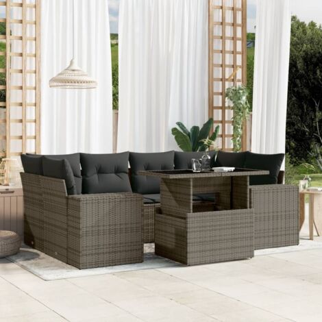 Ensemble Salon de Jardin en Résine Tressée Gris 7 Places avec Coussins - Modulable, Table Réglable, Housses Lavables