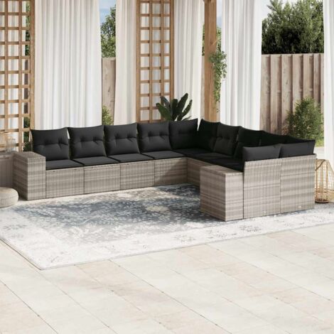 Ensemble salon de jardin en résine tressée gris clair - 10 places avec 10 coussins amovibles et dossiers