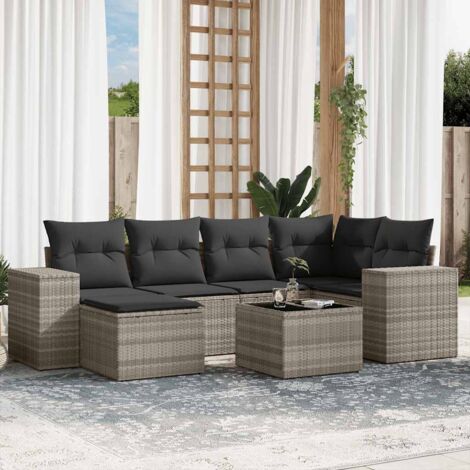 Ensemble Salon de Jardin en Résine Tressée Gris Clair 7 Pièces avec Coussins Amovibles, Table en Verre Trempé, Modulaire pour Terrasse