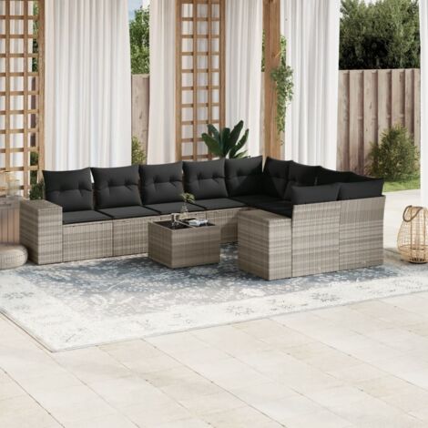 Ensemble salon de jardin en résine tressée gris clair avec 10 coussins - Modulaire, table en verre, rangement étanche
