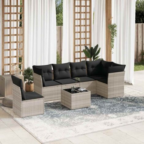 Ensemble salon de jardin en résine tressée gris clair avec 7 coussins - Canapés d'extérieur modulables et table en verre trempé