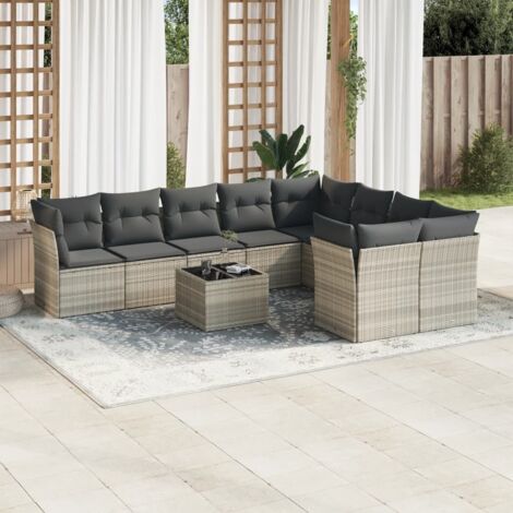 Ensemble salon de jardin en résine tressée gris clair avec 9 coussins et table en verre trempé - 5 sièges centraux et 4 d'angle