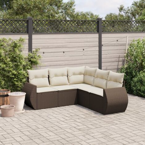 Ensemble salon de jardin en résine tressée marron avec 5 coussins, canapé d'angle + canapés, pour terrasse ou patio.