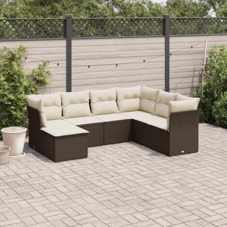 Ensemble Salon de Jardin en Résine Tressée Marron avec 7 Coussins - Canapé Modulaire 3 Places avec Coffre de Rangement et Repos Pieds