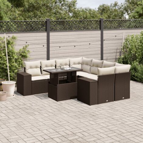 Ensemble Salon de Jardin en Résine Tressée Marron avec 8 Coussins, Table Modulable et Housse Lavable