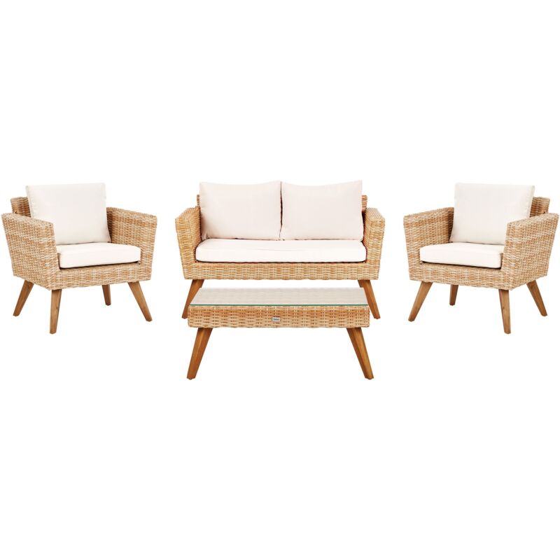 Ensemble Salon de Jardin en Rotin Synthétique et Coussins Blanc Cassé Vittoria