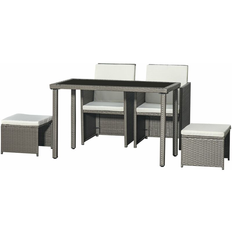 Ensemble salon de jardin encastrable 2 fauteuils monoblocs + 2 tabourets + table basse résine tressée coussins déhoussables crème gris - Outsunny