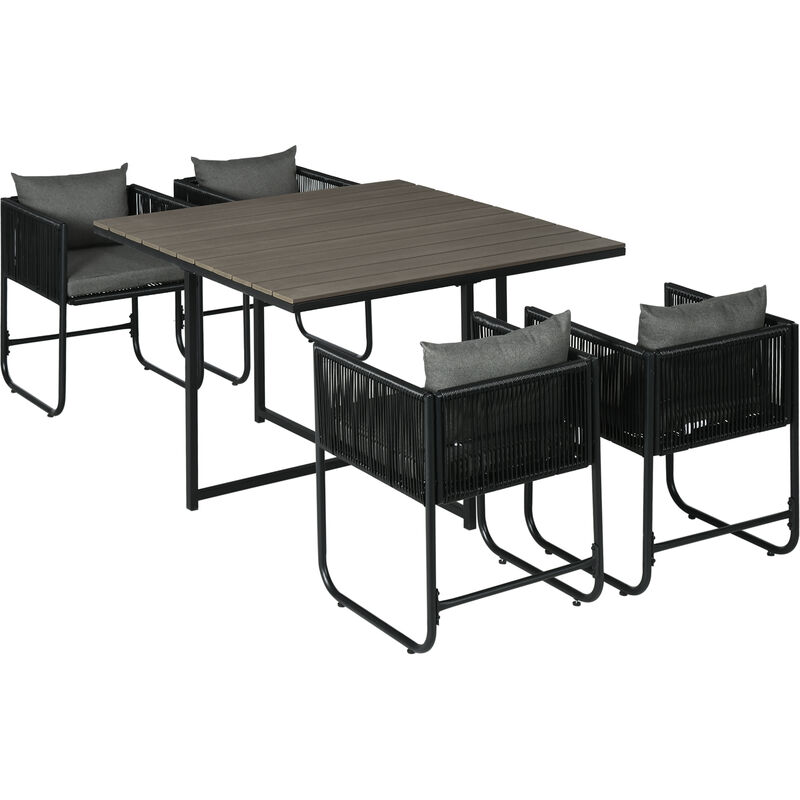 Ensemble salon de jardin encastrable 4 personnes 5 pièces - coussins déhoussables - métal résine filaire noir gris