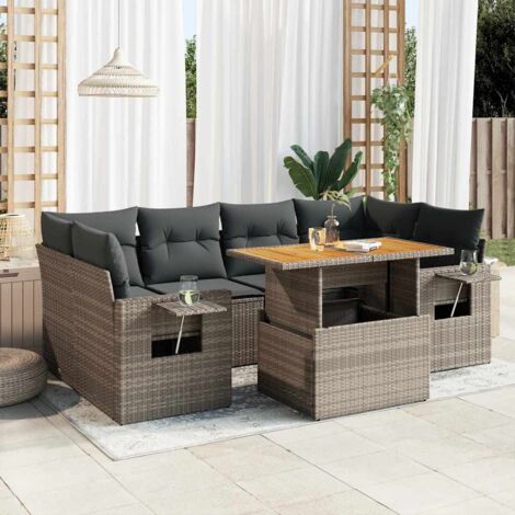 Ensemble Salon de Jardin Gris 7 Pièces en Résine Tressée avec Coussins et Table à Plateau Réglable