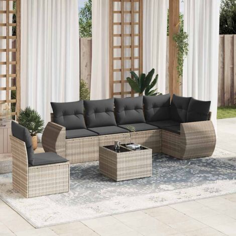 Ensemble Salon de Jardin Gris Clair 7 Pièces Résine Tressée avec Coussins Modulable - Table Verre Trempé 55x55 cm
