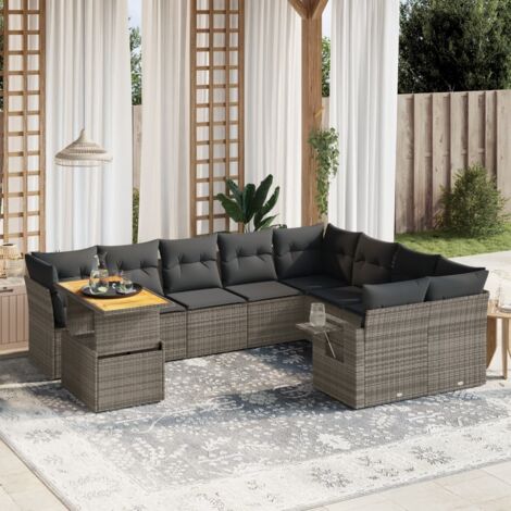 Ensemble Salon de Jardin Modulable 10 Pièces en Résine Tressée Gris - Table Réglable Hauteur avec Coussins Amovibles