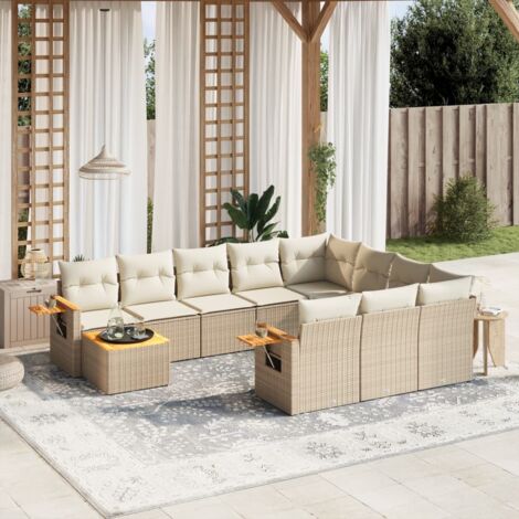 Ensemble Salon de Jardin Modulable 11 Pièces en Résine Tressée Beige avec Coussins Gris et Table Acacia