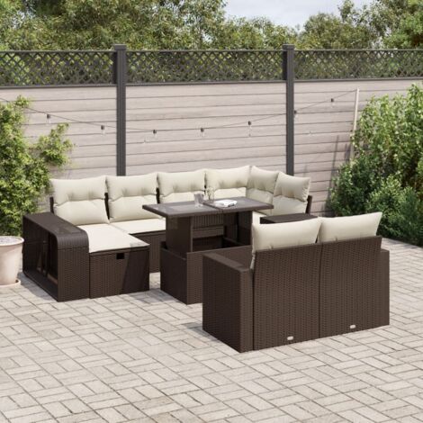 Ensemble Salon de Jardin Modulable 11 Pièces Résine Tressée Marron avec Table Réglable et Coussins Crème