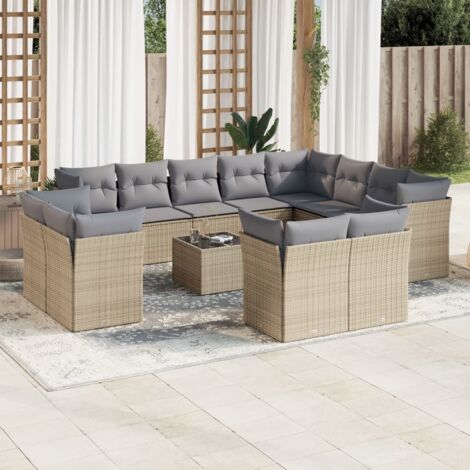 Ensemble Salon de Jardin Modulable 13 Pièces en Résine Tressée Beige avec Coussins et Table en Verre
