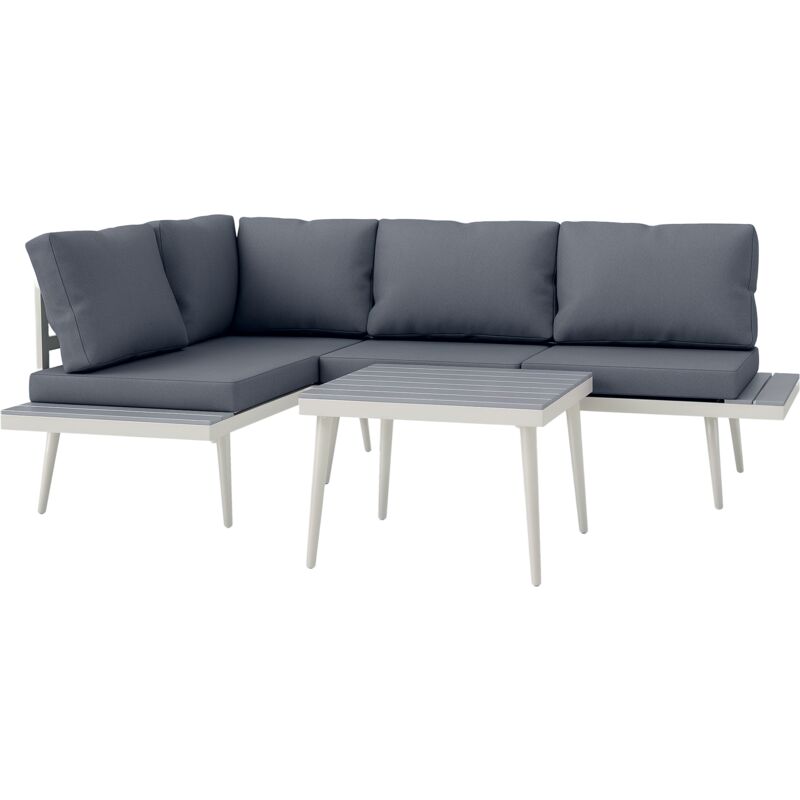 Ensemble salon de jardin modulable 4 personnes 3 pièces design métal crème coussins gris