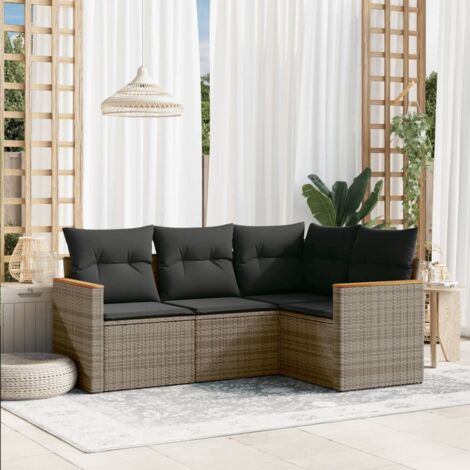 Ensemble Salon de Jardin Modulable 4 Places Gris Résine Tressée avec Coussins Amovibles
