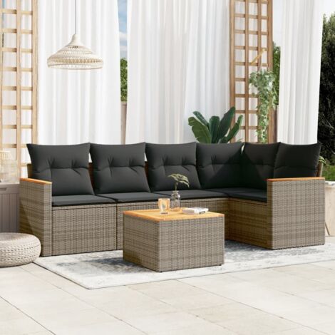 Ensemble Salon de Jardin Modulable 6 Places avec Coussins Gris - Résine Tressée, Acacia & Stockage