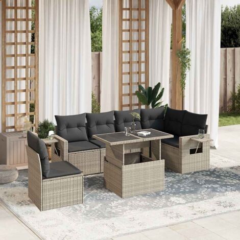 Ensemble salon de jardin modulable 7 places avec coussins gris clair, résine tressée résistante, table réglable et pieds en acier