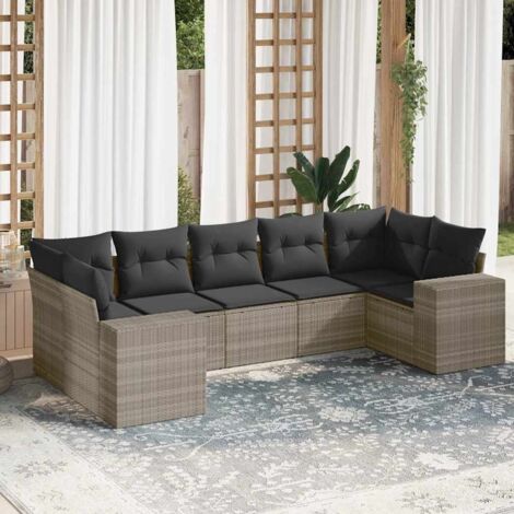 Ensemble Salon de Jardin Modulable 7 Places Gris Clair en Résine Tressée avec Coussins
