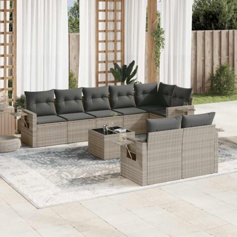 Ensemble Salon de Jardin Modulable 9 Pièces en Résine Tressée Gris Clair avec Table en Verre et Coussins