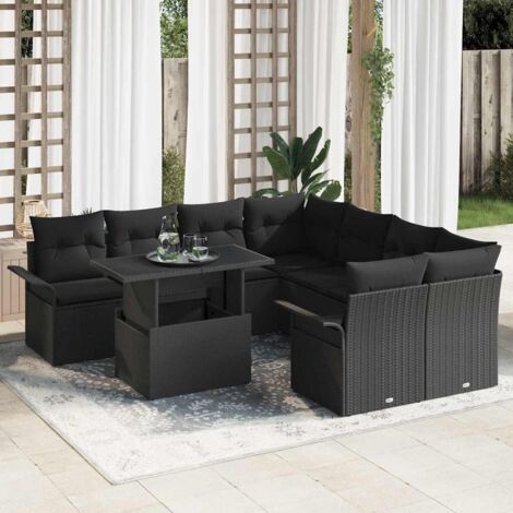 Ensemble Salon de Jardin Modulable en Poly-Rotin Noir 8 Pièces avec Coussins, Table et Rangement
