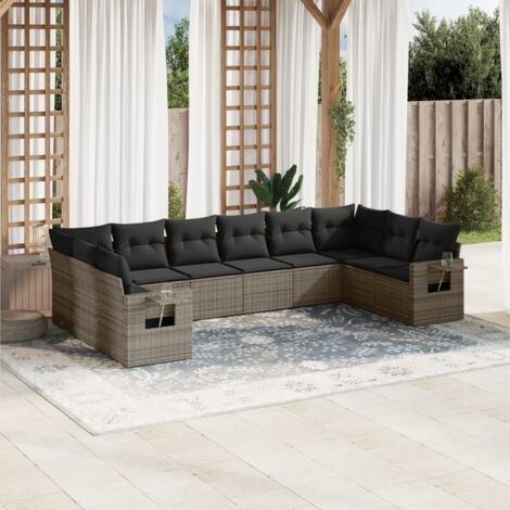 Ensemble Salon de Jardin Modulable en Résine Tressée Gris, 10 Pièces avec Coussins et Table d'Appoint, Résistant aux UV et à l'Eau