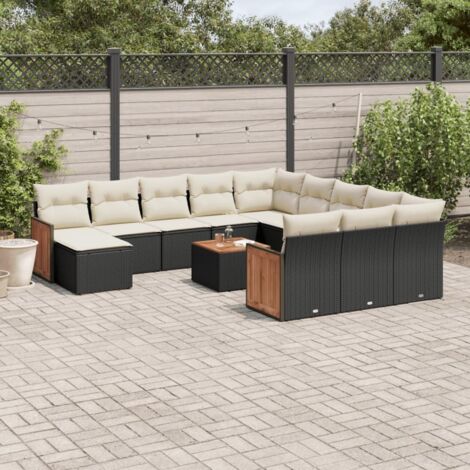 Ensemble salon de jardin modulable en résine tressée noir avec coussins (13 pièces)