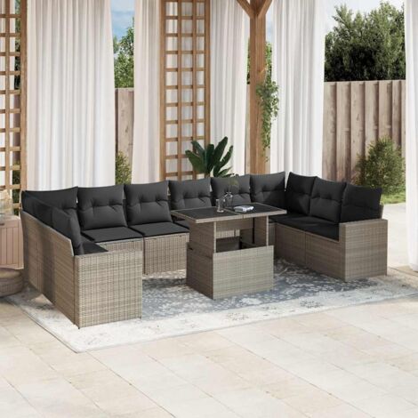 Ensemble Salon de Jardin Modulaire 11 Pièces Résine Tressée Gris Clair avec Table Réglable et Coussins Déhoussables Anthracite