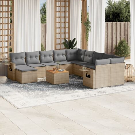 Ensemble salon de jardin modulaire 12 places en résine tressée beige, coussins gris, table acacia, modulable et durable