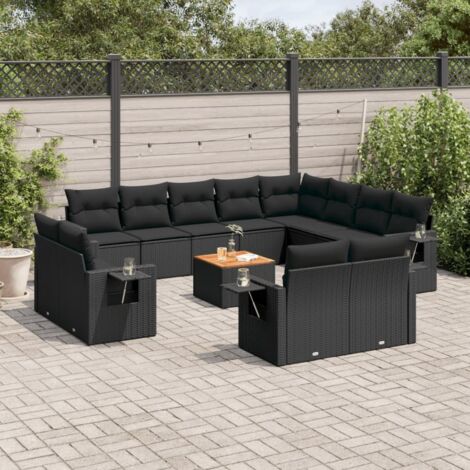Ensemble Salon de Jardin Modulaire 13 Pièces Noir en Résine Tressée Polyrotin avec Coussins, Tables Pliantes et Rangement