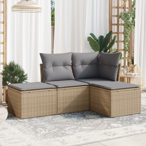 Ensemble Salon de Jardin Modulaire 4 Places en Résine Tressée Beige avec Coussins Gris - Canapé d'Angle + Siège Central + 2 Tabourets, Housses Lavables