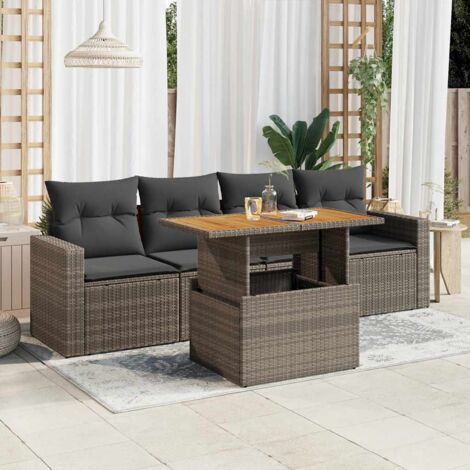 Ensemble salon de jardin modulaire 5 pièces en résine tressée grise avec table extensible, coussins et rangement étanche. Parfait pour terrasse et jardin.