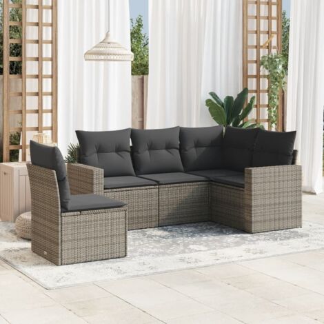 Ensemble Salon de Jardin Modulaire 5 Pièces Gris avec Coussins Résine Tressée Polyrotin et Coffre Rangement