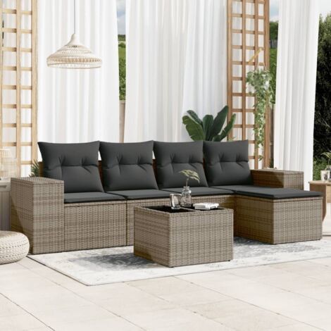 Ensemble Salon de Jardin Modulaire 5 Pièces Noir Résine Tressée - Canapé, Sièges et Pouf avec Coussins Blanc Crème Lavables