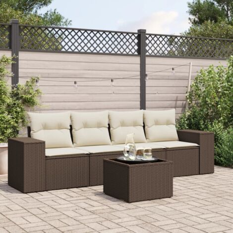 Ensemble Salon de Jardin Modulaire 5 Places en Résine Tressée Marron avec Coussins et Table en Verre Trempé - Fauteuils avec et sans Accoudoirs, Design Contemporain pour Terrasse ou Balcon