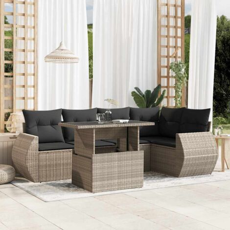 Ensemble salon de jardin modulaire 6 places en résine tressée gris clair avec coussins anthracite lavables et table verre trempé