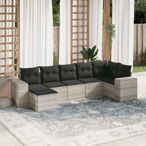 Ensemble salon de jardin modulaire 7 places en résine tressée gris clair, coussins gris foncé avec housse lavable, avec rangement
