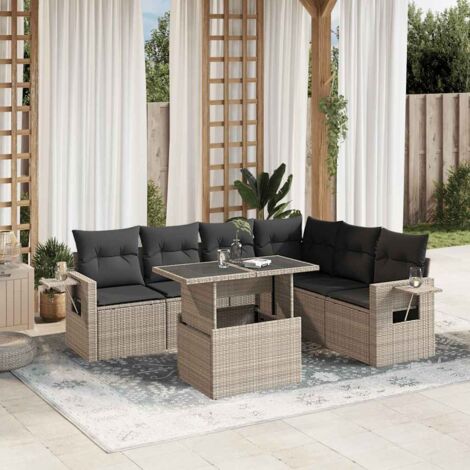 Ensemble Salon de Jardin Modulaire 7 Places  Résine Tressée Gris Clair  6 Coussins Épais  Table Réglable