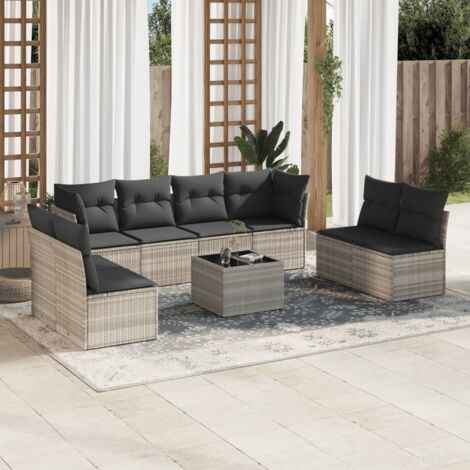 Ensemble Salon de Jardin Modulaire 9 Pièces  Résine Tressée Gris Clair  8 Sièges + Table Verre Trempé  Dimensions 55x55cm  Housses Amovibles