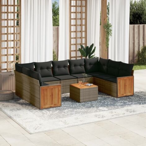 Ensemble salon de jardin modulaire en résine tressée gris 10 places avec table acacia et 11 coussins - Modular Living Series